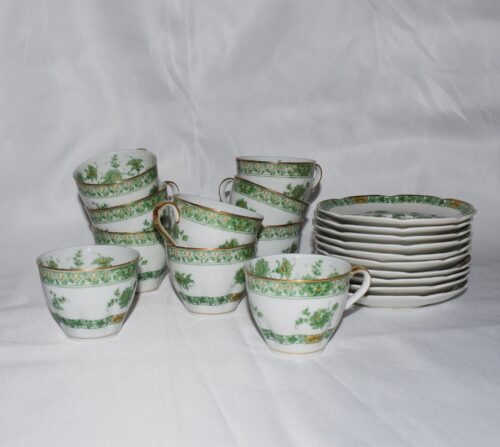 SUITE OF 10 HAVILLAND LIMOGES PORCELAIN CASHMERE GREEN COFFEE CUPS & SAUCERS